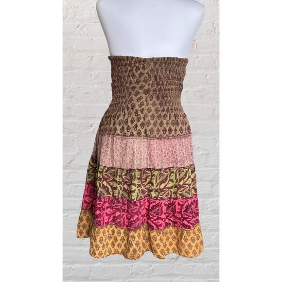 Culture Shop Brown Boho Patchwork Smoked Strapless Dress Sz L Bohemian Hippie - Picture 3 of 9